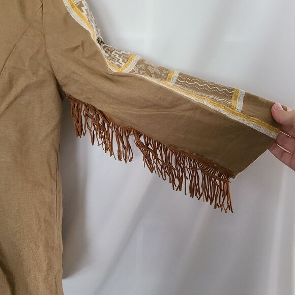 Chicos Buttered Rum Diamond Artisan Beaded Boho Fringed Linen Blend Jacket sz S - Picture 6 of 9